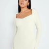 New * Solado Square Neck Fluffy Cut Out Long Sleeve Mini Dress Beige