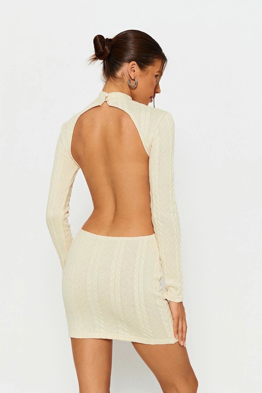 Clearance * Solado Cable Knit Open Back Long Sleeve Mini Dress Beige