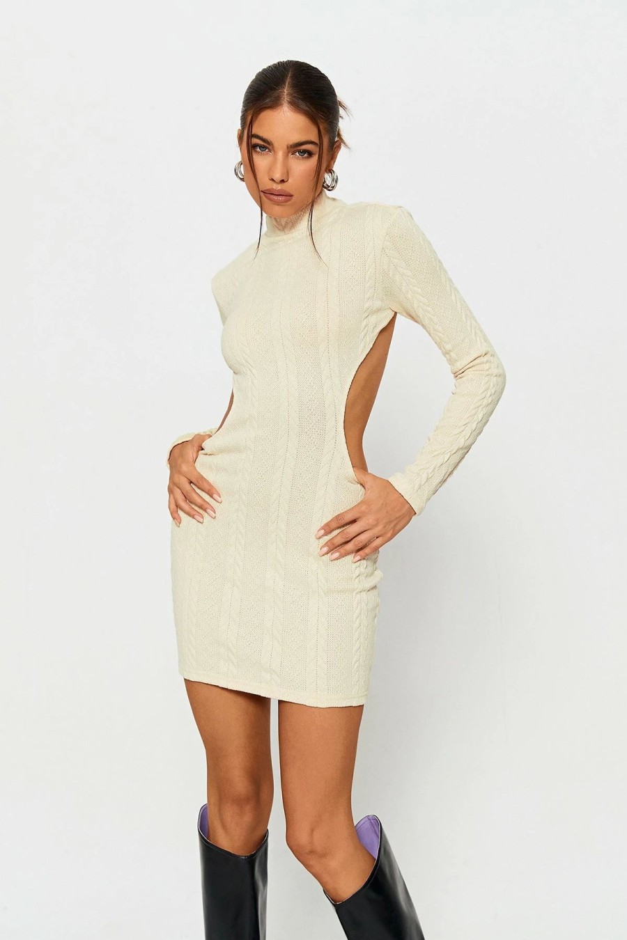 Clearance * Solado Cable Knit Open Back Long Sleeve Mini Dress Beige