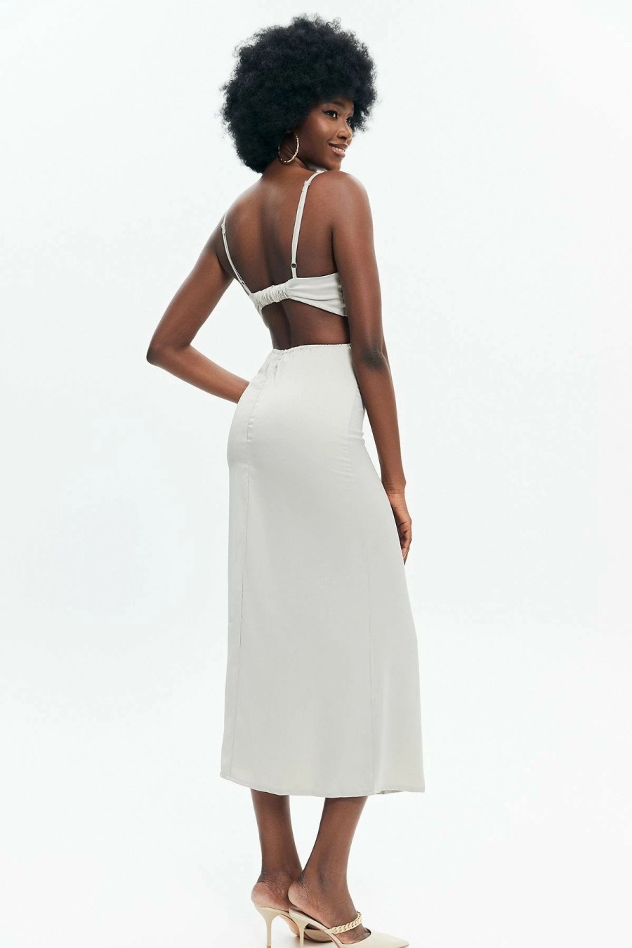 Best * Solado Satin Cut Out Maxi Cami Dress Lightgray