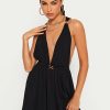 Clearance * Solado Plunging Neck Buckled Detail Draped Mini Dress Black