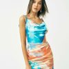 Online * Solado Cowl Neck Abstract Print Drawstring Backless Mini Dress Skyblue