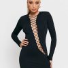 Wholesale * Solado Lace Up Cinched Waist Long Sleeve Mini Dress Black