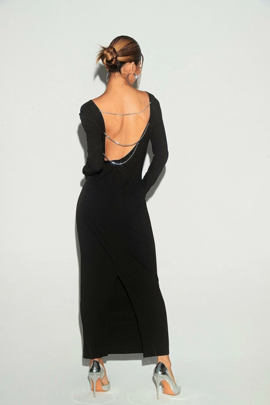 Best * Solado Rhinestone Chain Decor Open Back Maxi Dress Black