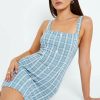 New * Solado Square Neck Button Decor Check Print Mini Dress Lightblue