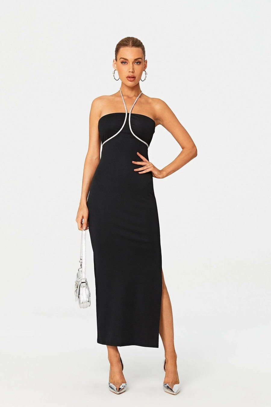 New * Solado Halter Neck Rhinestone Decor Split Hem Maxi Dress Black