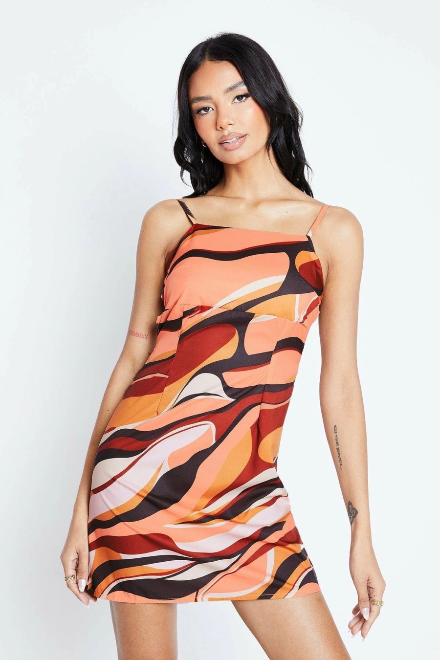 Best * Solado Abstract Print Colorblock Tie Back Mini Dress Orange