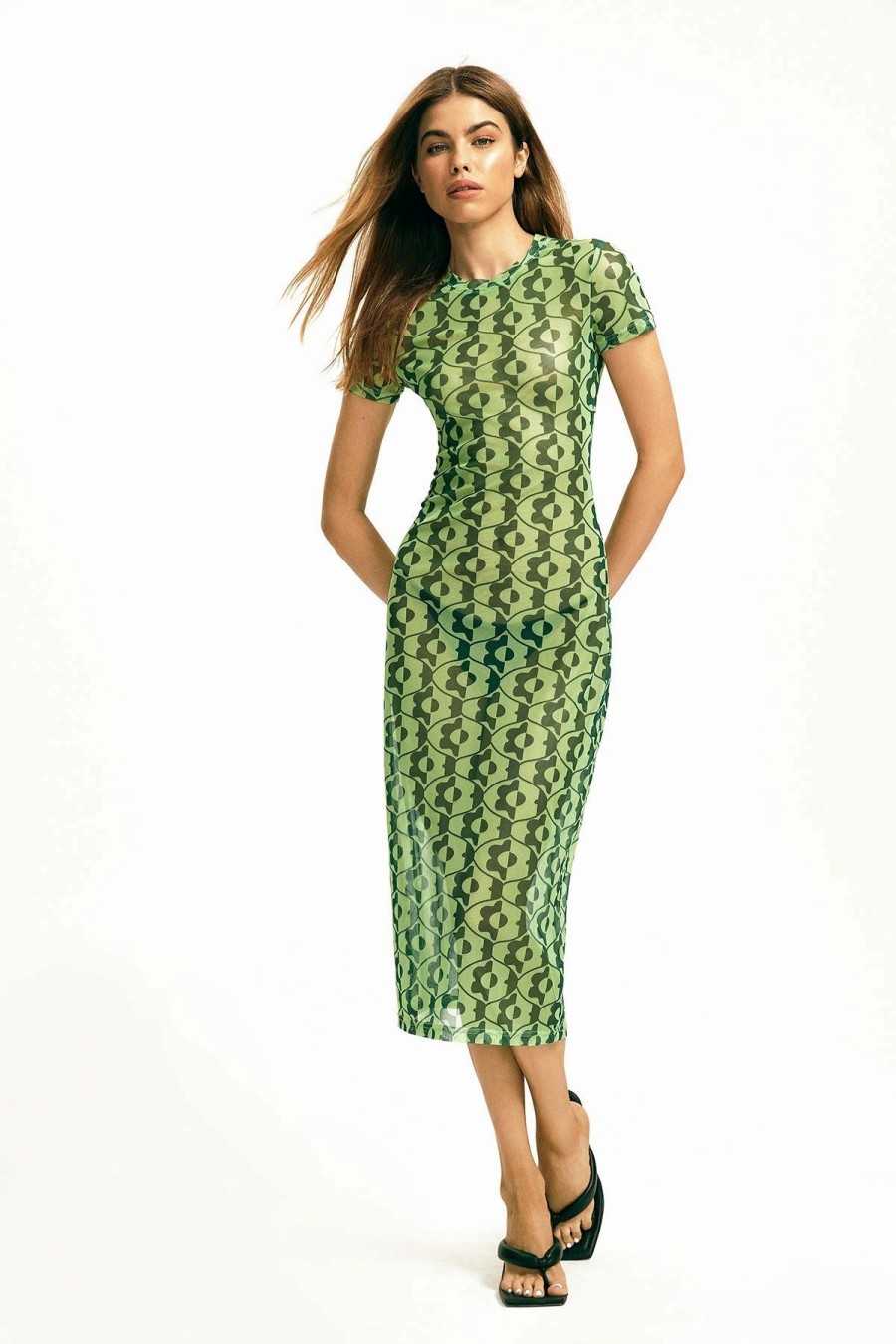 Wholesale * Solado Mesh Abstract Print Short Sleeve Midi Dress Without Thong Green