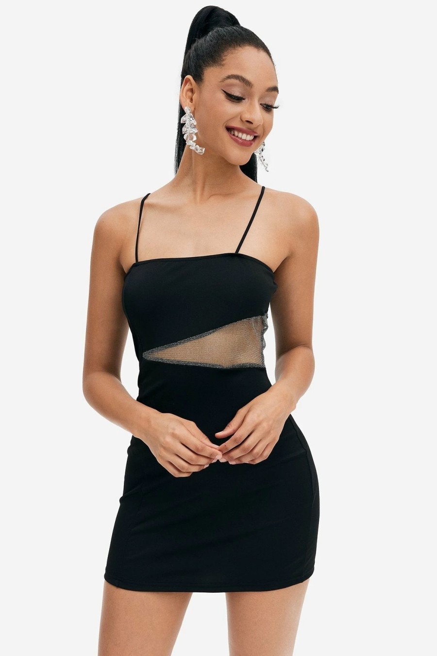 Online * Solado Mesh Splicing Bodycon Solid Mini Cami Dress Black