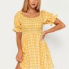 Best * Solado Square Neck Check Print Puff Sleeve Mini Dress Yellow