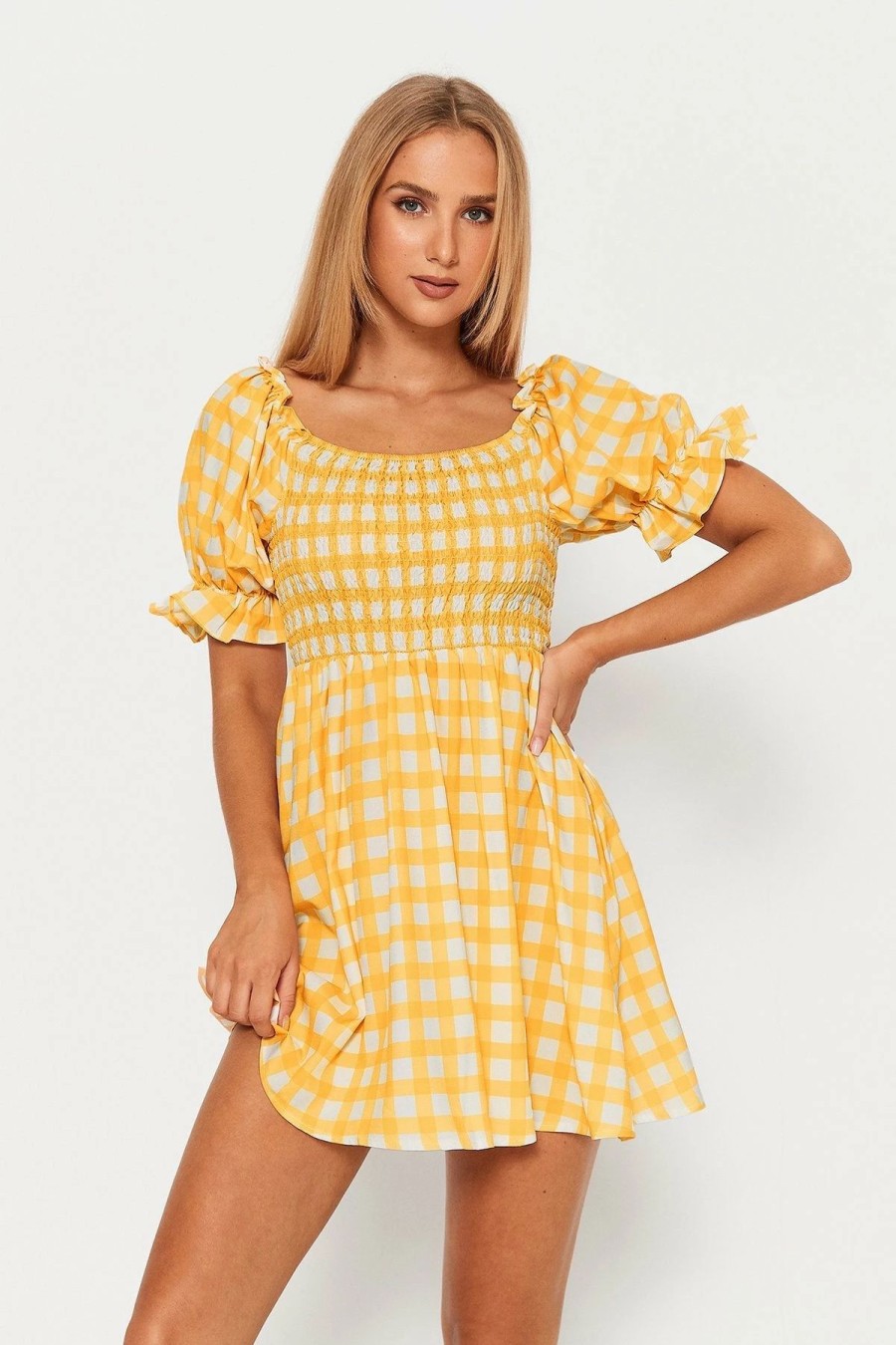 Best * Solado Square Neck Check Print Puff Sleeve Mini Dress Yellow