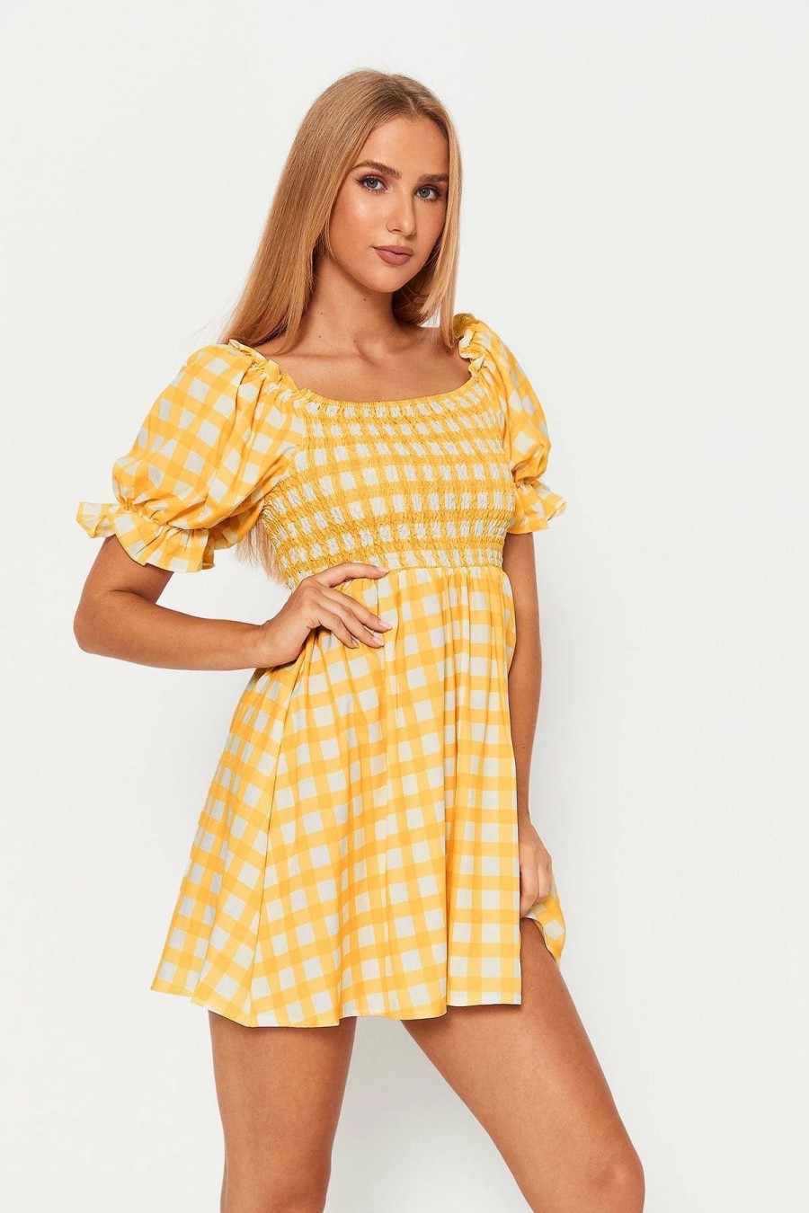 Best * Solado Square Neck Check Print Puff Sleeve Mini Dress Yellow