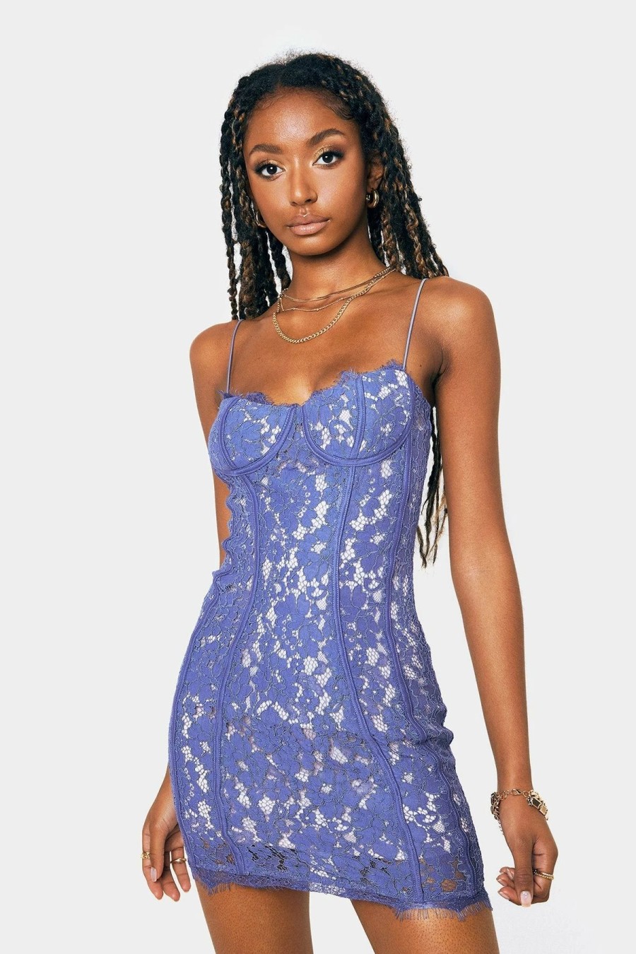 Online * Solado Plunging Neck Backless Cami Lace Mini Dress Mediumslateblue