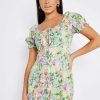 Online * Solado Square Neck Floral Print Puff Sleeve Mini Dress Lightgreen