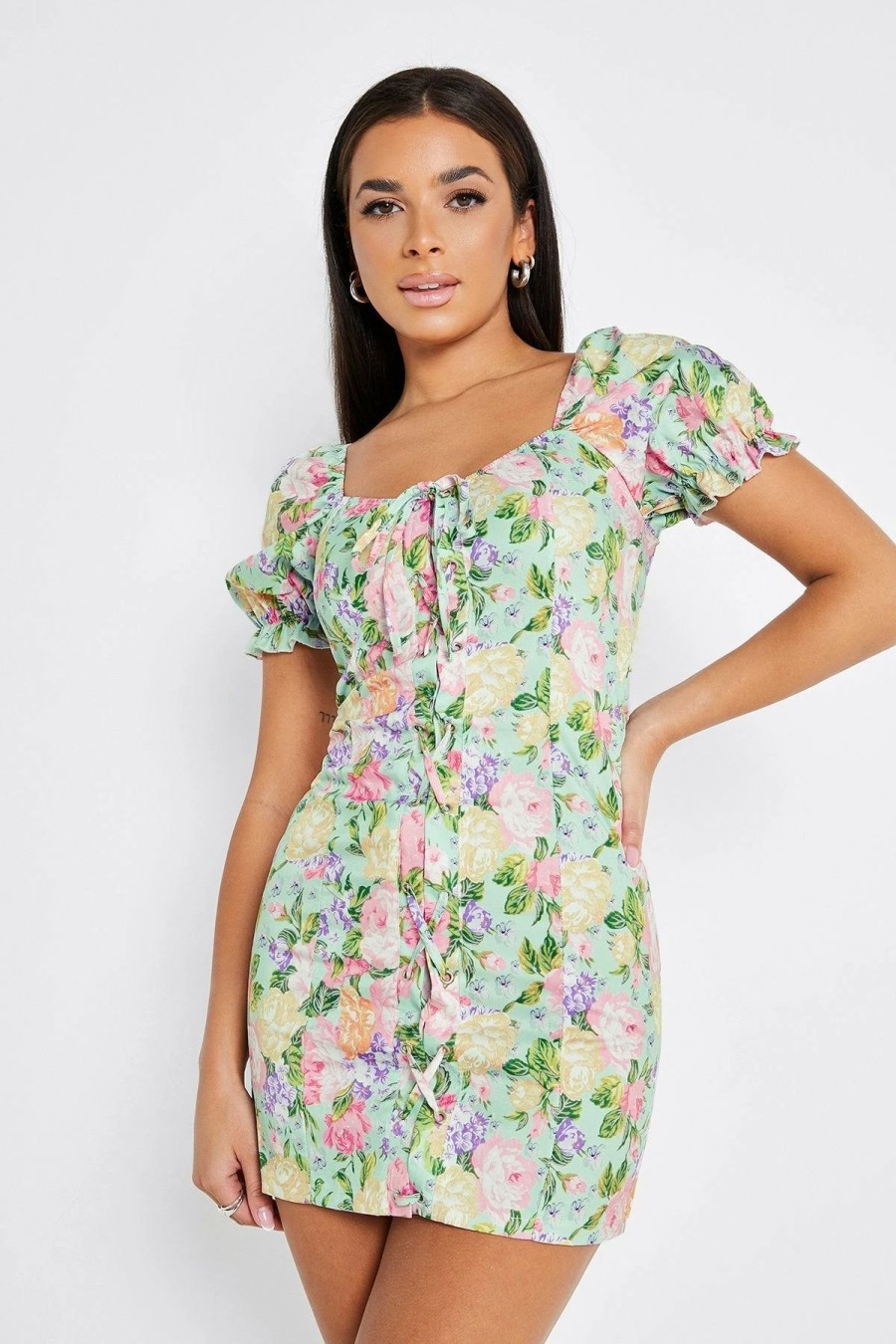 Online * Solado Square Neck Floral Print Puff Sleeve Mini Dress Lightgreen