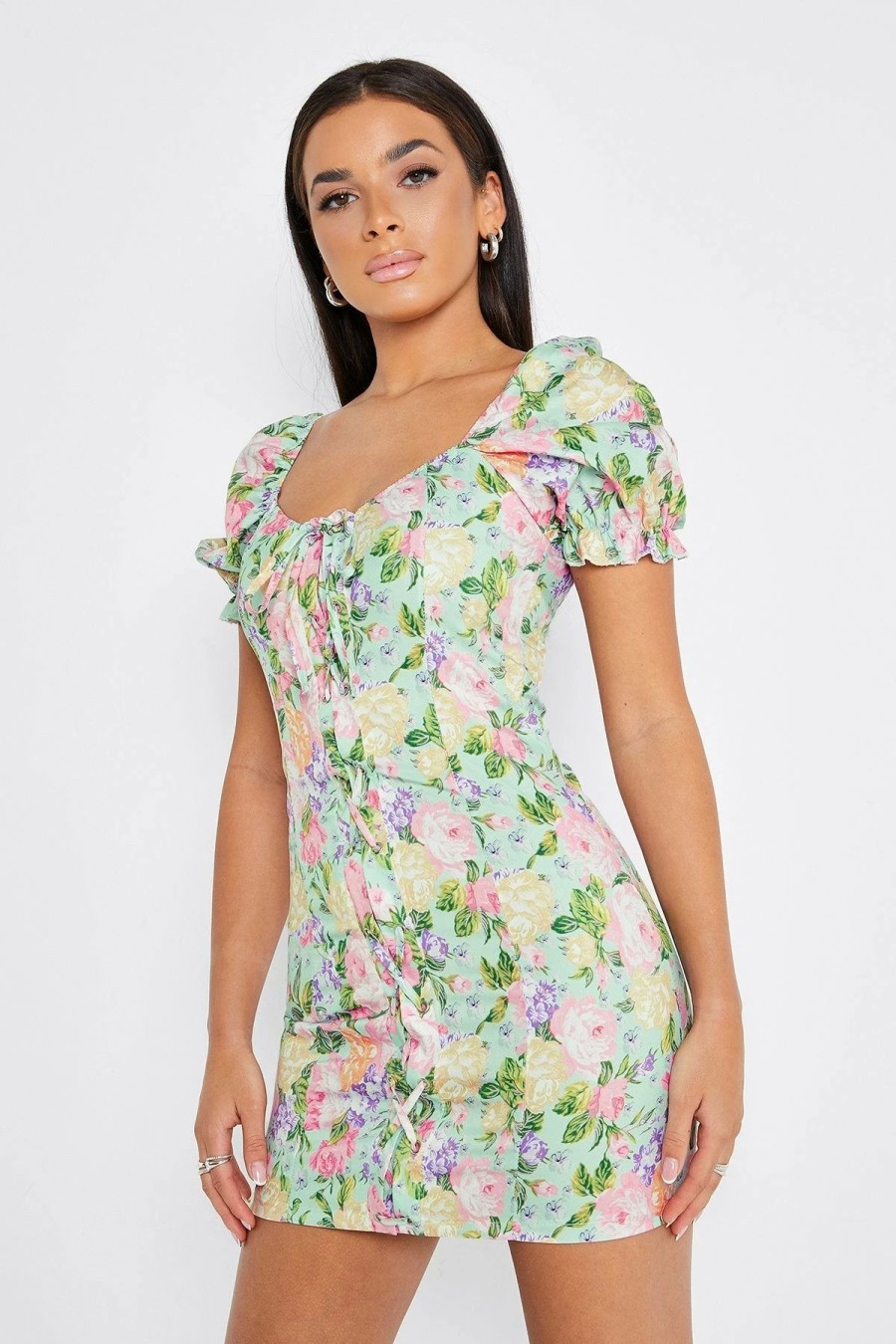 Online * Solado Square Neck Floral Print Puff Sleeve Mini Dress Lightgreen