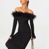 Best * Solado Feather Trim Off Shoulder Long Sleeve Midi Dress Black