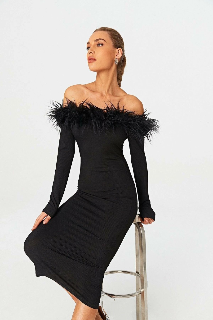 Best * Solado Feather Trim Off Shoulder Long Sleeve Midi Dress Black