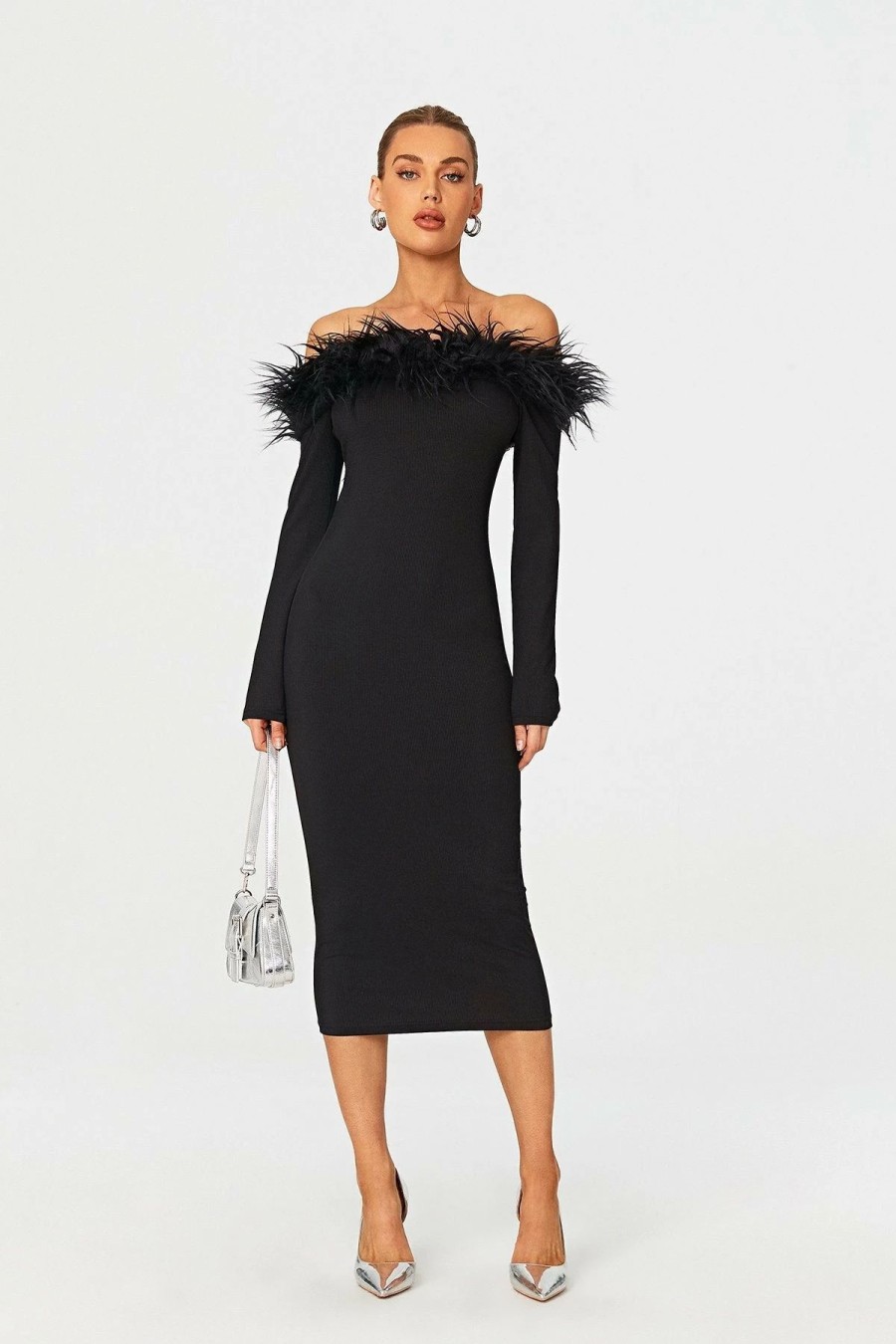 Best * Solado Feather Trim Off Shoulder Long Sleeve Midi Dress Black