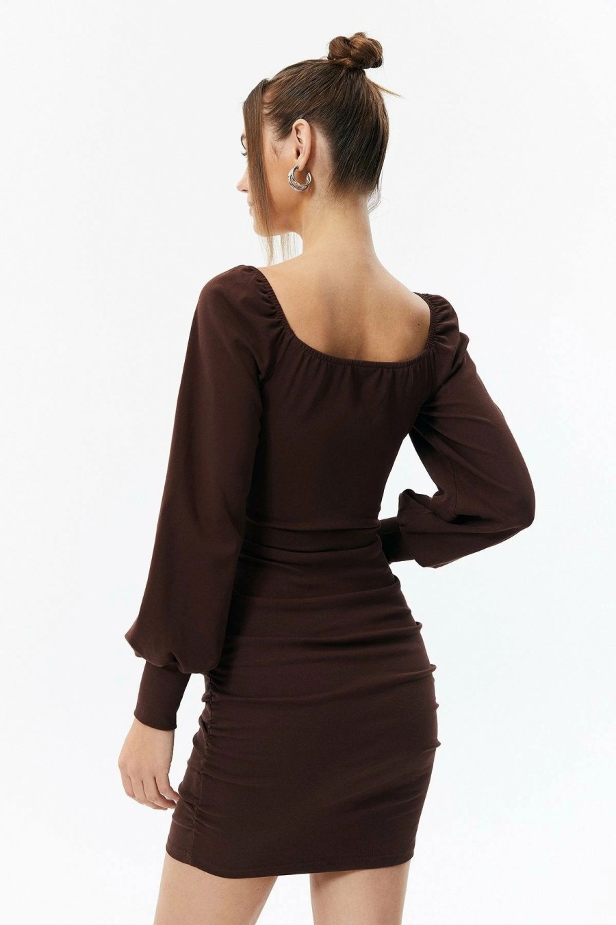 Clearance * Solado Ruched Cut Out Puff Sleeve Mini Dress Brown